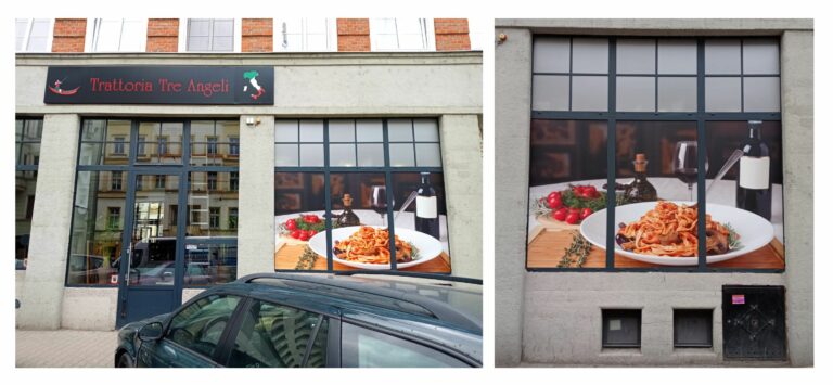 Oklejona witryna restauracji